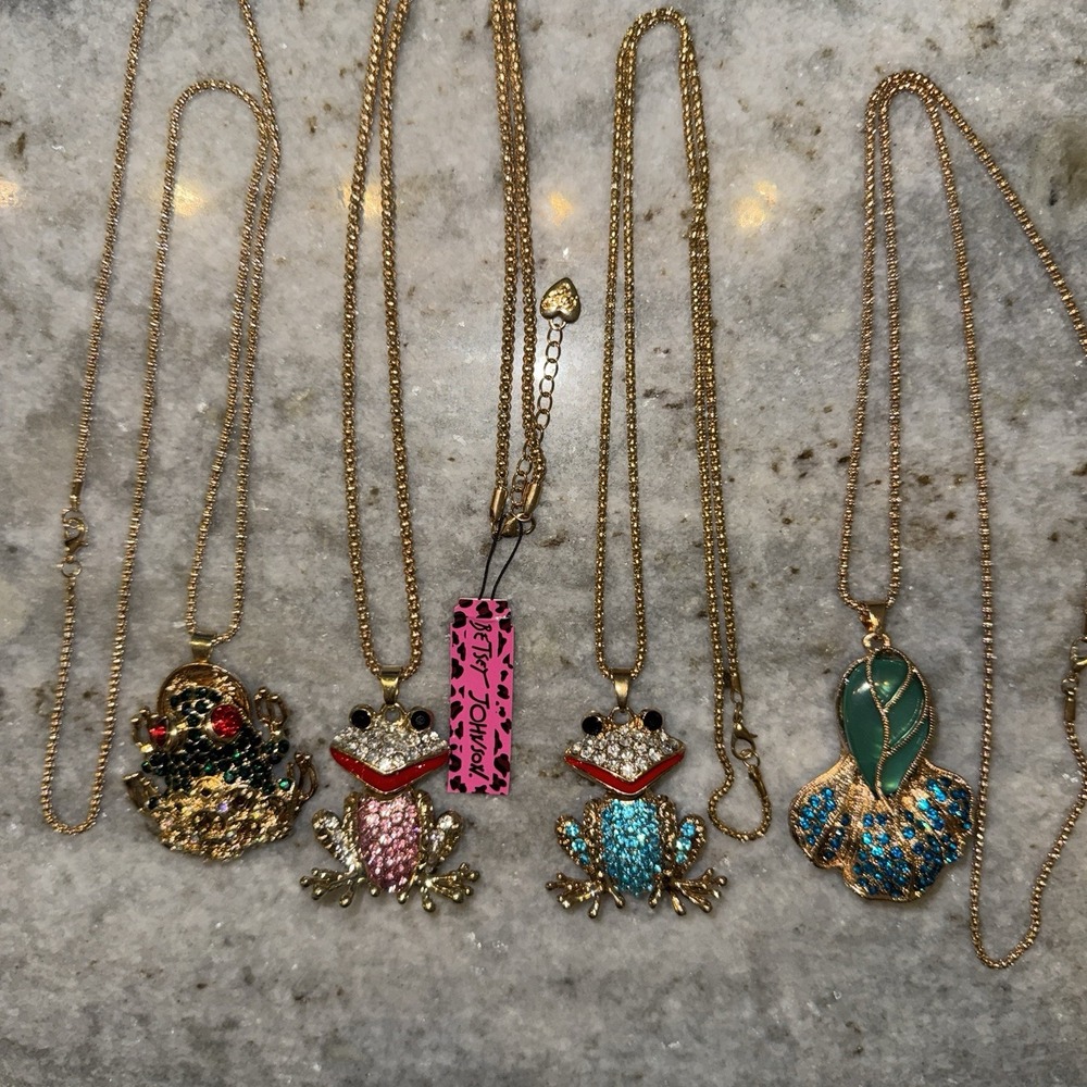 Betsy Johnson Rhinestone Necklace Lot Frogs Costume Statement Oyster Gold Long
